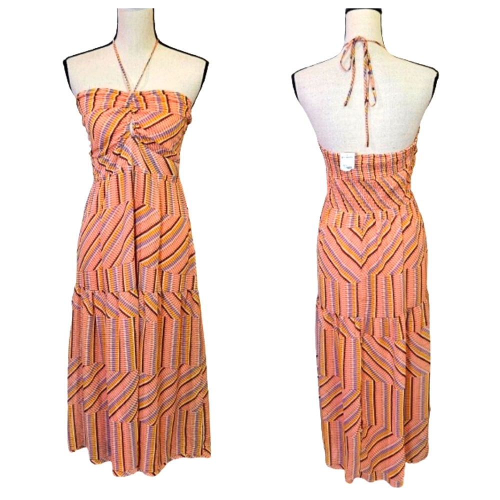 ECLAIR Orange Multi-Color Pattern Halter Sleeveless Midi Dress,X-Large,NWT
